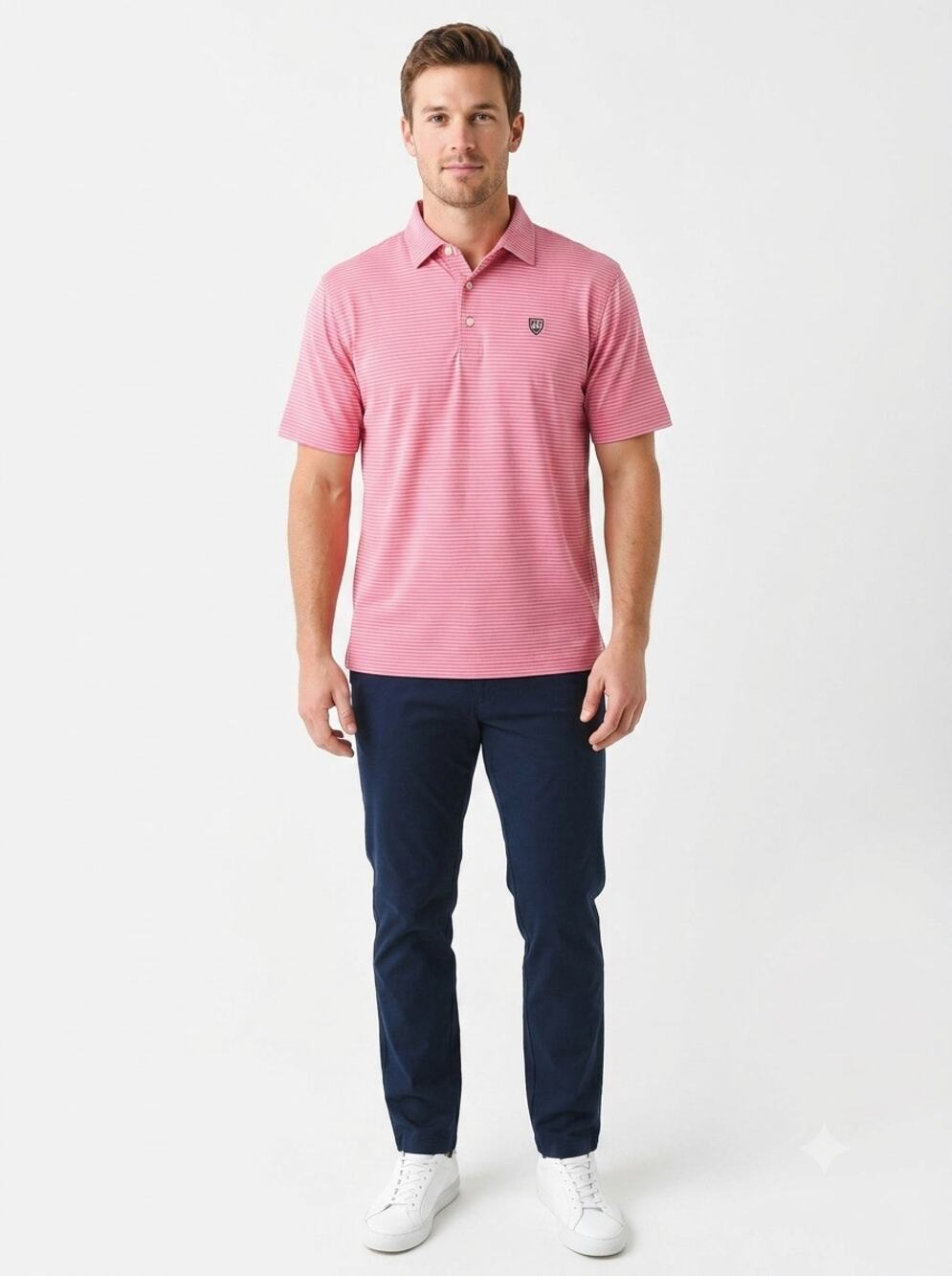 Peter Millar Golf Polo Shirt Mens 2XL Pink White Striped Crest Embroidered Logo